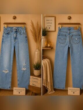 Zara High Waisted Wide Leg Jeans Paint Splatter Light Wash Blue 2
